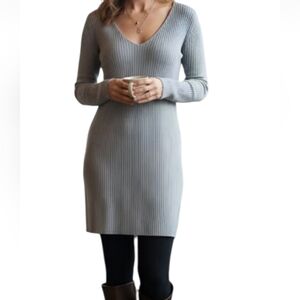 Ribbed Knit Sweater Dress, Express, (S) V-Neck, Light Gray